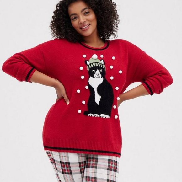 ❤️NWT VINTAGE TORRID SWEATER - CHRISTMAS CAT UGLY SWEATER - HOLIDAY PULLOVER - Picture 1 of 10